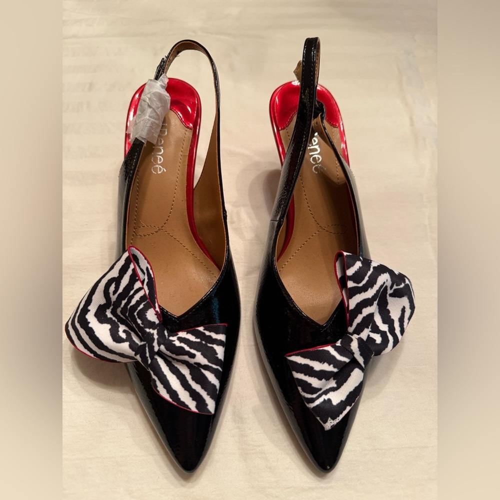 Black and Red Slingback Heels with Bow